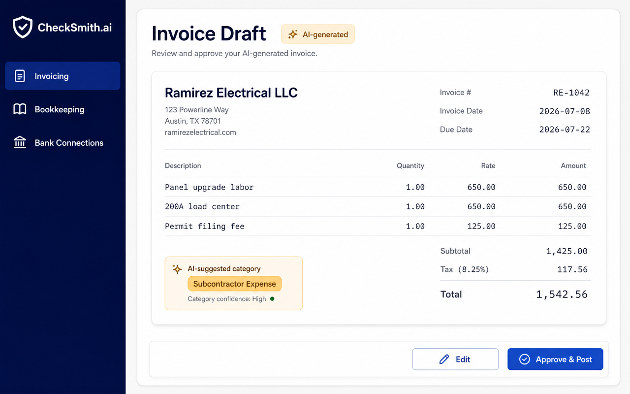 AI-generated invoice draft showing extracted vendor details, line items, and an AI-suggested expense category