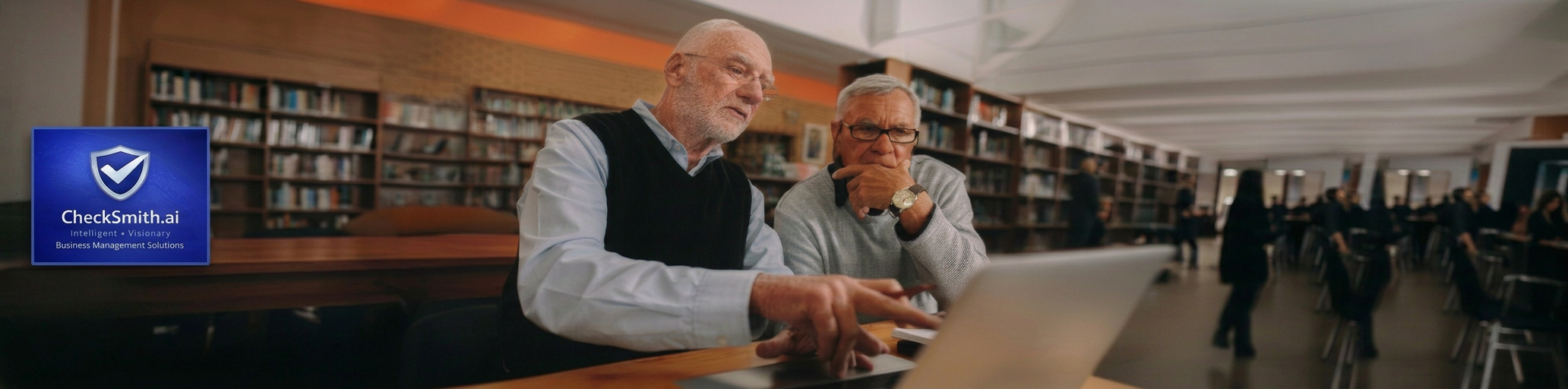 Two business owners reviewing their books together on a laptop, with the CheckSmith.ai brand card